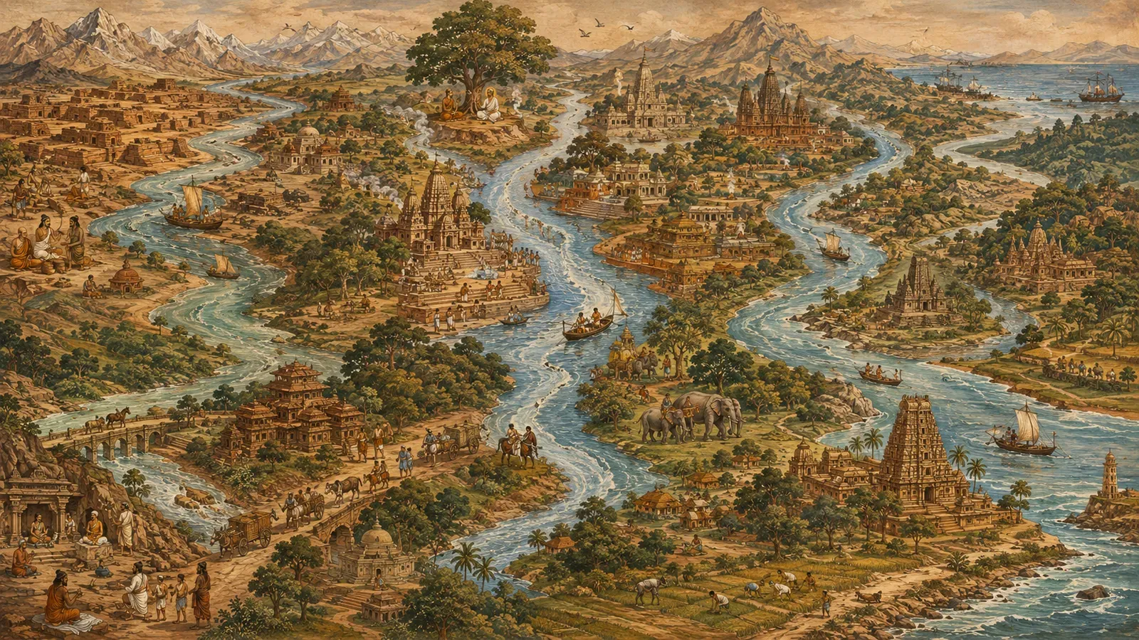 A painted panorama of a riverine Sanatana civilization — temples, ghats, scholars, and trade boats stretching to the horizon at golden hour.