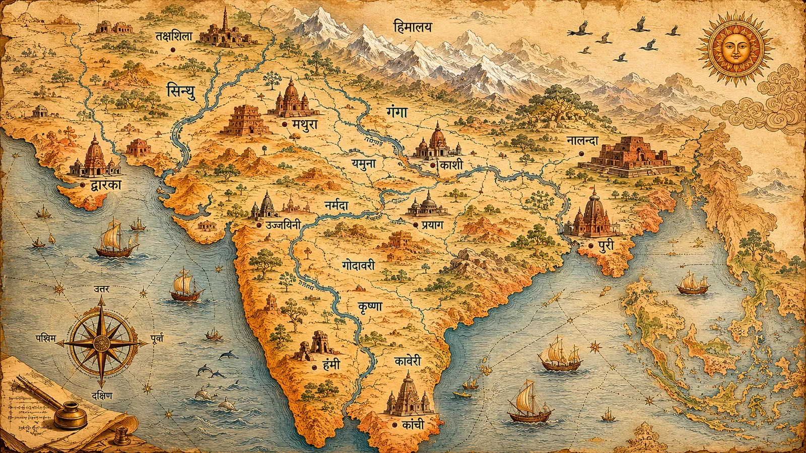 An antique-style map of classical Bhāratavarṣa with Devanagari labels for rivers and sacred cities — Sindhu, Gaṅgā, Kāśī, Mathurā, Dvārakā, Nālandā, Purī — marked with small temple icons.