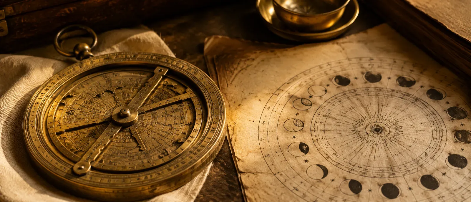 An antique brass astrolabe resting beside a hand-drawn lunar-phase chart on aged paper, in warm afternoon light.