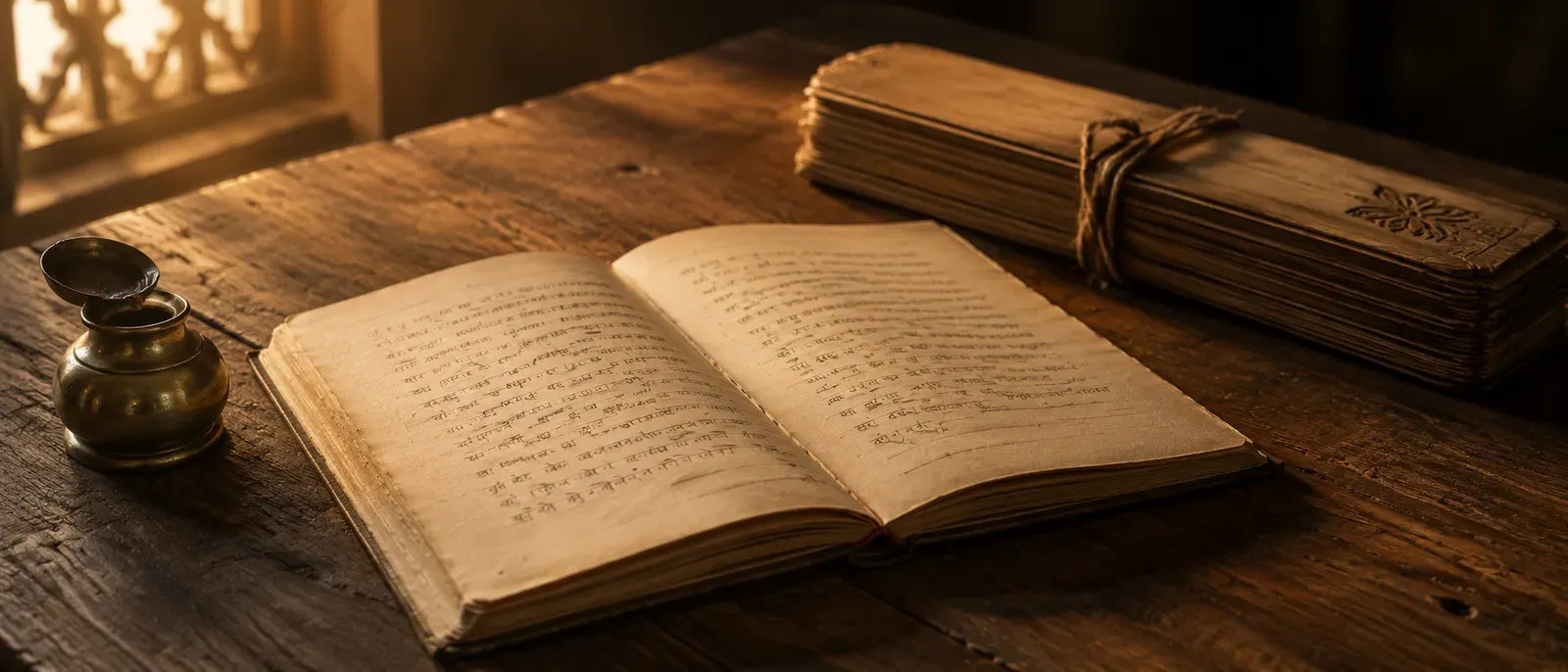 A handwritten Devanagari notebook open on a weathered wooden desk beside a brass inkpot and a tied palm-leaf bundle, lit by soft window light.