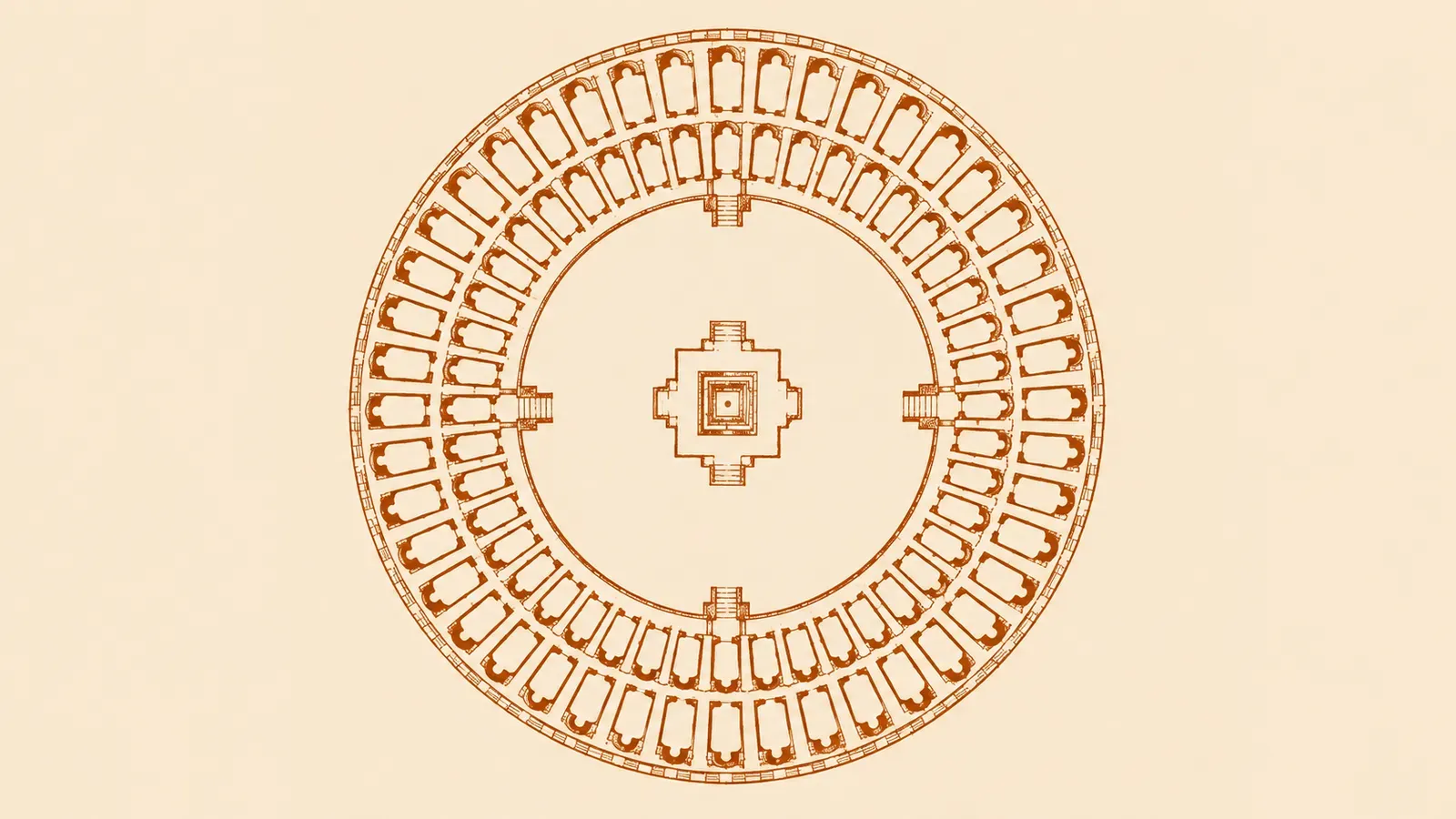 Top-down line plan of a sixty-four-cell chausath-yogini temple — a ring of 64 niches around an open central shrine, in deep saffron on cream.
